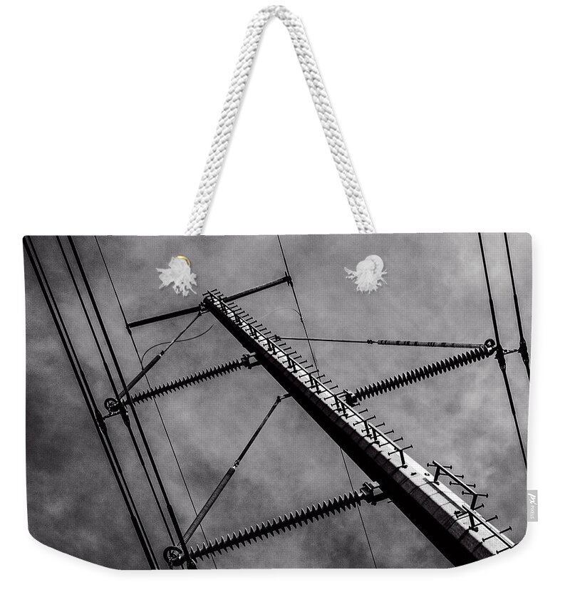B&w Weekender Tote Bag featuring the photograph Power Line Sky by Frank Winters