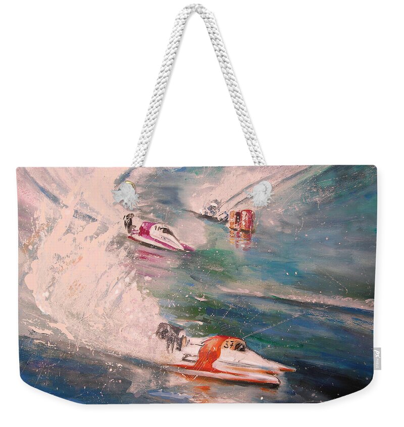 Powerboats Weekender Tote Bag featuring the painting Powerboat Racing in Portugal by Miki De Goodaboom