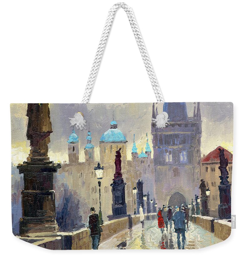 Oil On Canvas Weekender Tote Bag featuring the painting Prague Charles Bridge 02 by Yuriy Shevchuk