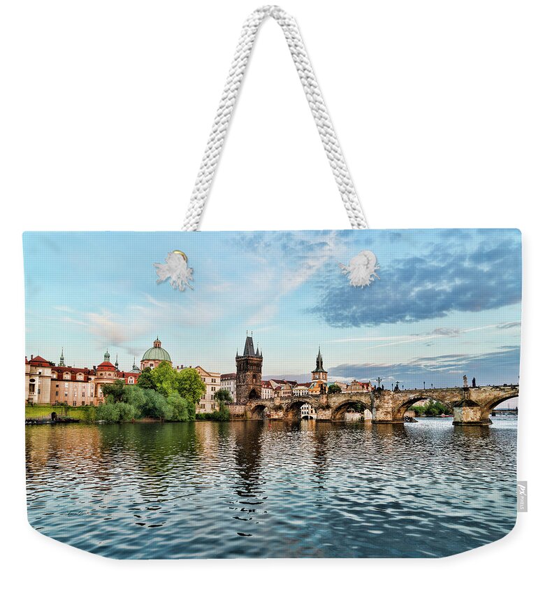 Central Europe Weekender Tote Bag featuring the photograph Prague From the River by Sharon Popek