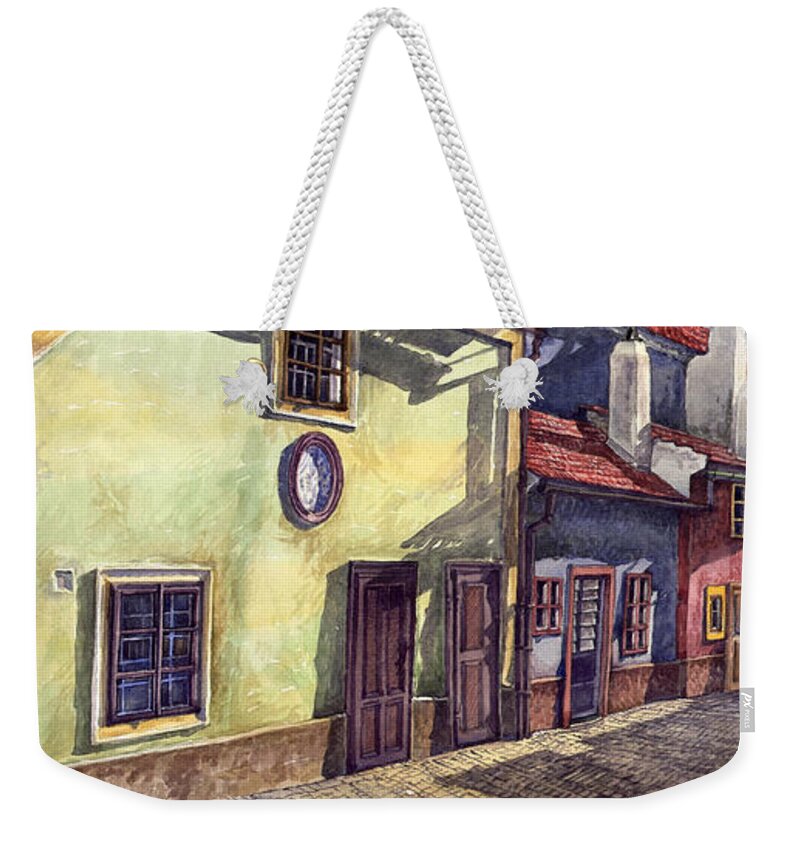 Watercolour Weekender Tote Bag featuring the painting Prague Golden Line Street by Yuriy Shevchuk