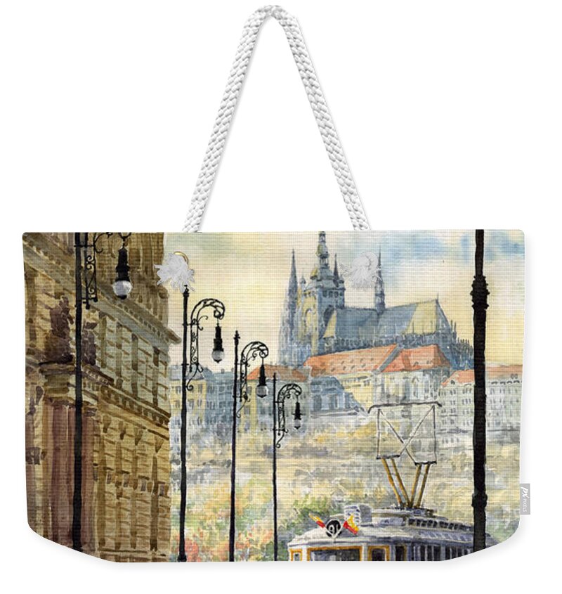 Architecture Weekender Tote Bag featuring the painting Prague Kaprova Street by Yuriy Shevchuk