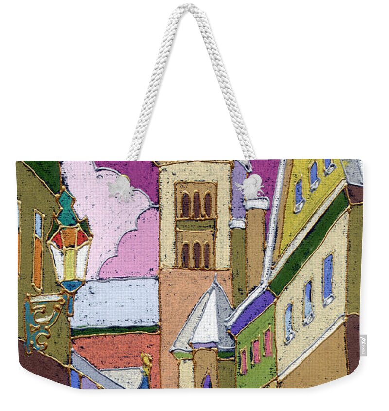 Pastel Weekender Tote Bag featuring the painting Prague Old Street Jilska Winter by Yuriy Shevchuk