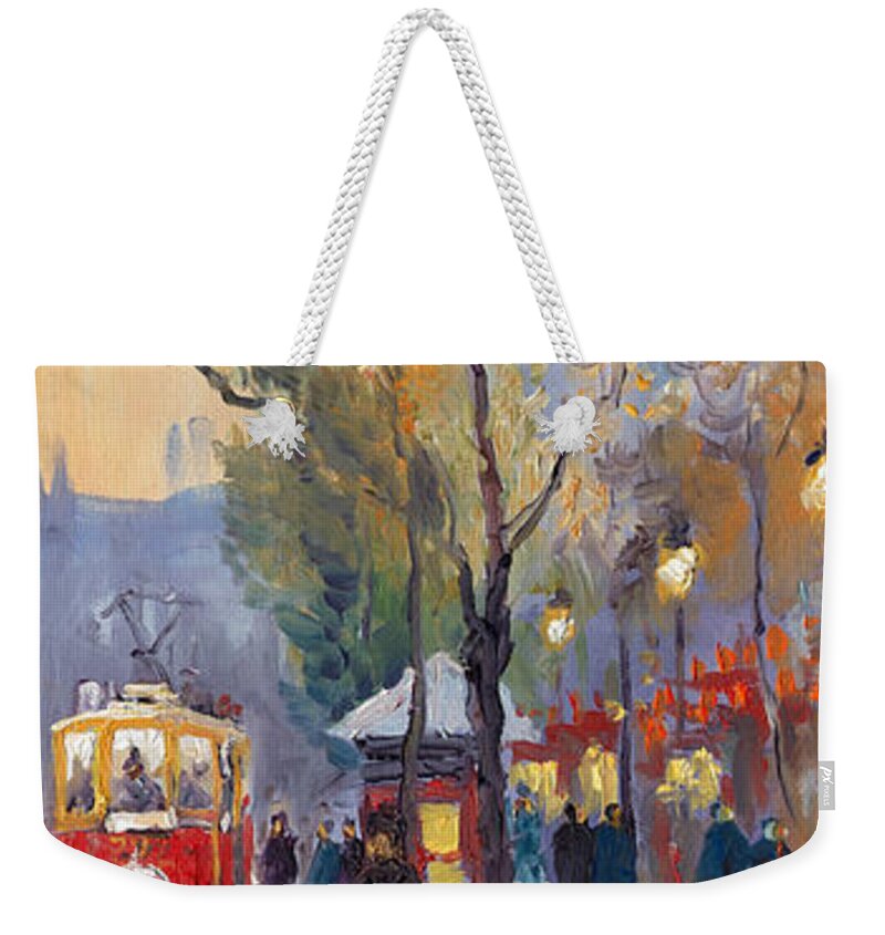 Prague Weekender Tote Bag featuring the painting Prague Old Tram Vaclavske Square by Yuriy Shevchuk