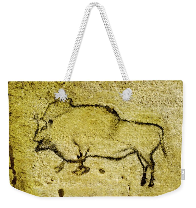 Bison Weekender Tote Bag featuring the digital art Prehistoric Bison 1- La Covaciella by Weston Westmoreland
