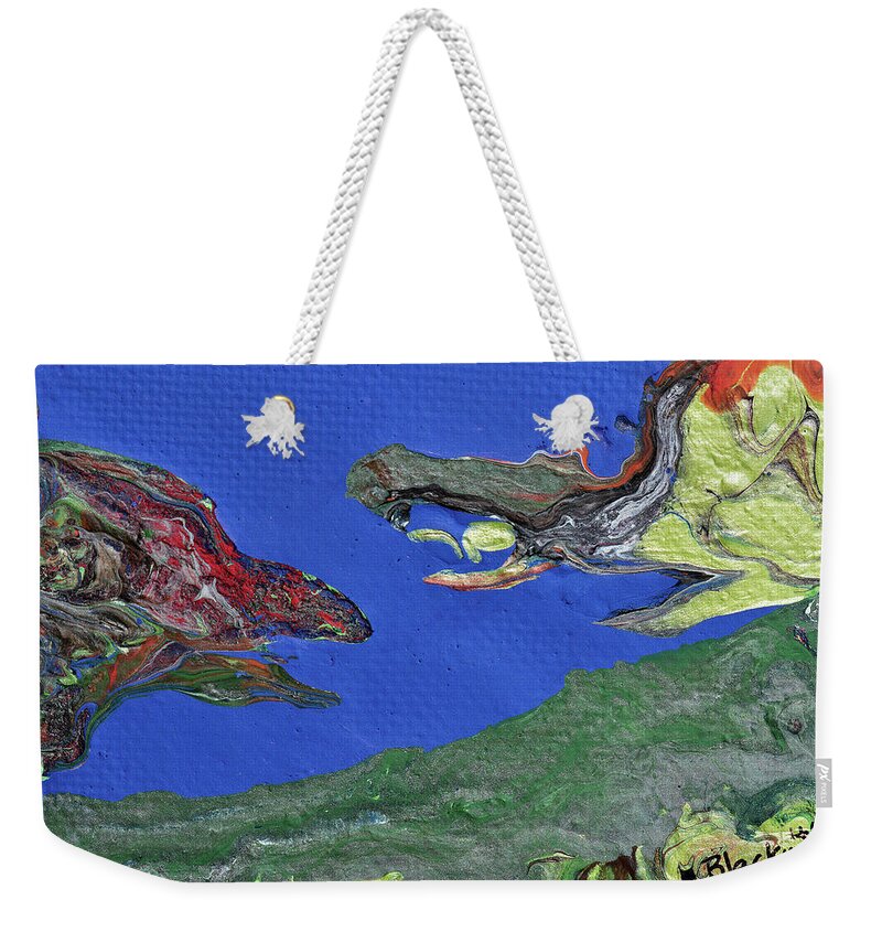 Prehistoric Weekender Tote Bag featuring the painting Prehistoric Face Off by Donna Blackhall