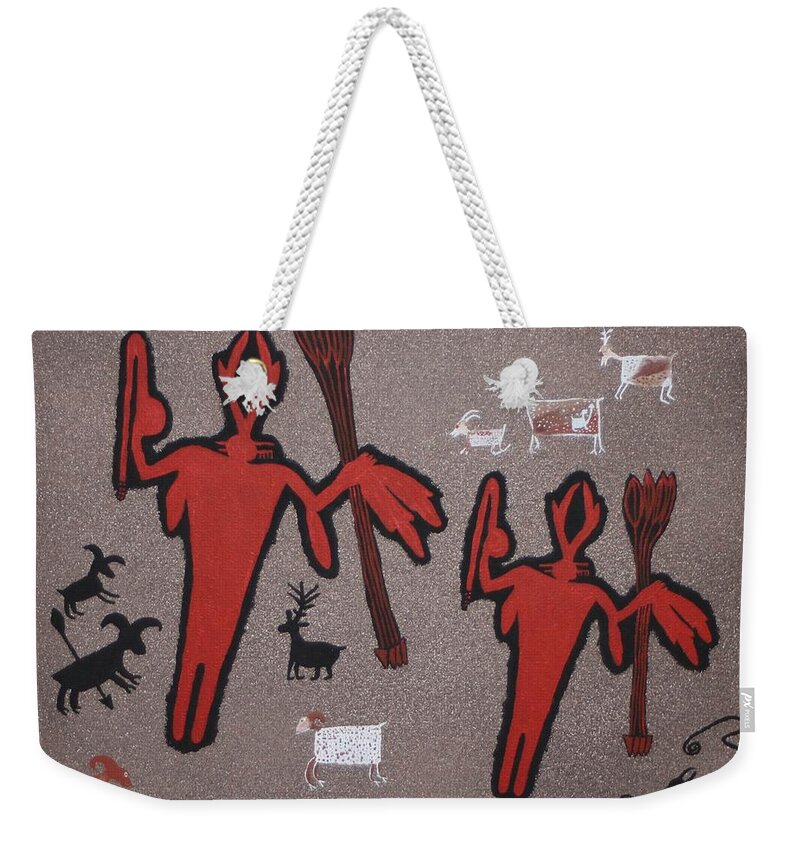 Prehistoric Hunter Weekender Tote Bag featuring the painting Prehistoric Hunters by Ralph Root