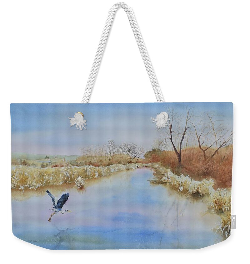 Blue Heron Weekender Tote Bag featuring the painting Prelude by Celene Terry