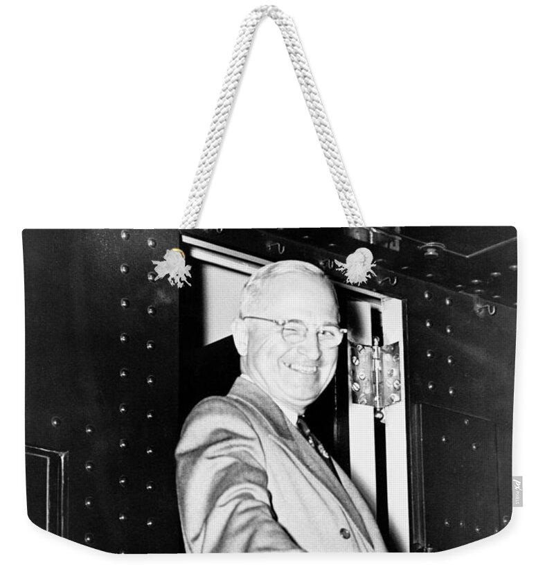 Harry Truman Weekender Tote Bag featuring the photograph President Harry Truman by War Is Hell Store
