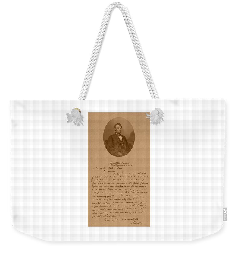 Bixby Letter Weekender Tote Bag featuring the mixed media President Lincoln's Letter To Mrs. Bixby by War Is Hell Store
