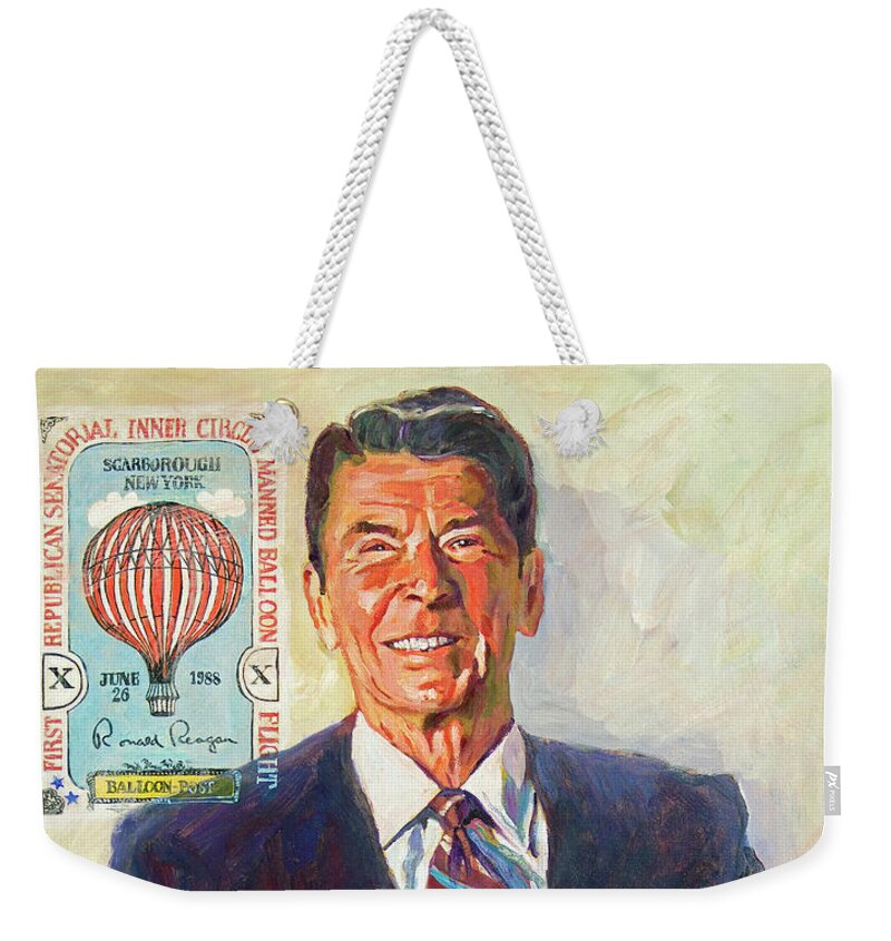 Presidents Weekender Tote Bag featuring the painting President Reagan Balloon Stamp by David Lloyd Glover