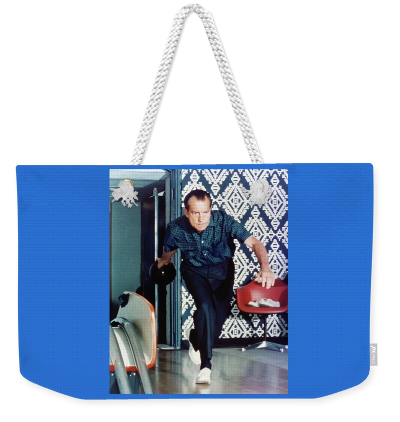 Richard Weekender Tote Bag featuring the photograph President Richard Nixon Bowling by Digital Reproductions