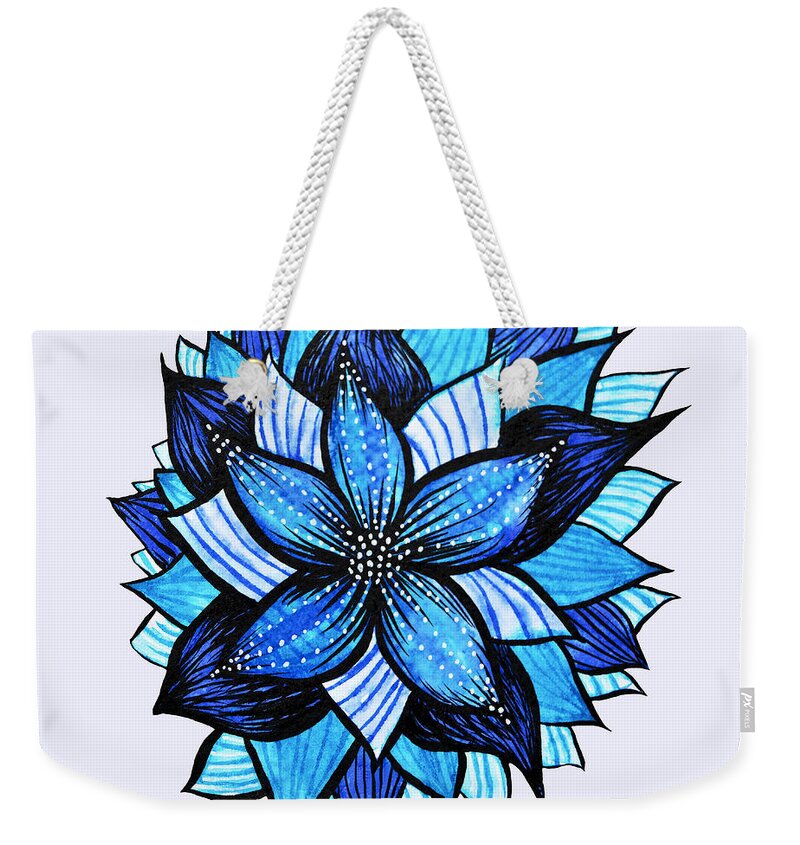 Flower Weekender Tote Bag featuring the digital art Pretty Abstract Blue Mandala Like Flower Drawing by Boriana Giormova