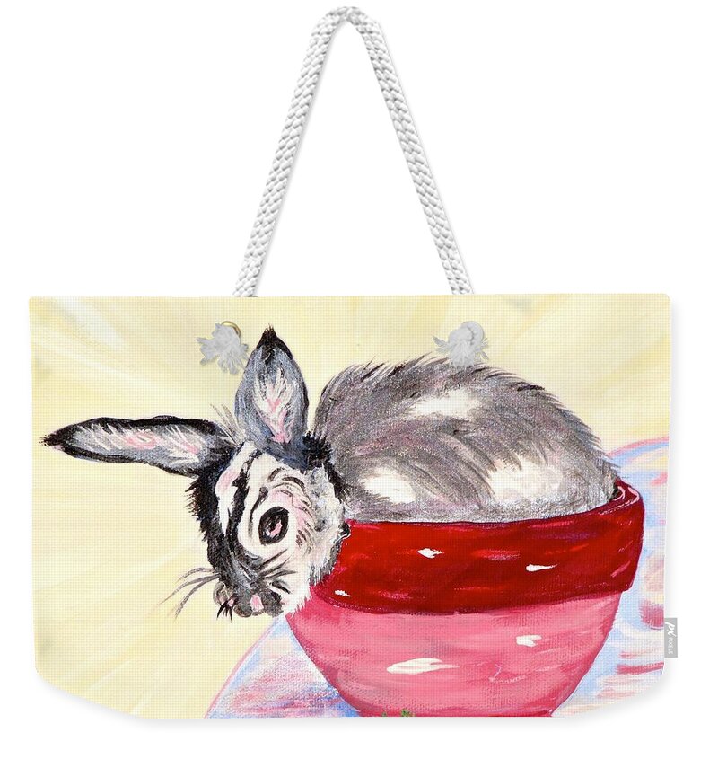 Carrot Weekender Tote Bag featuring the painting Pretty Bowl Bunny by Phyllis Kaltenbach