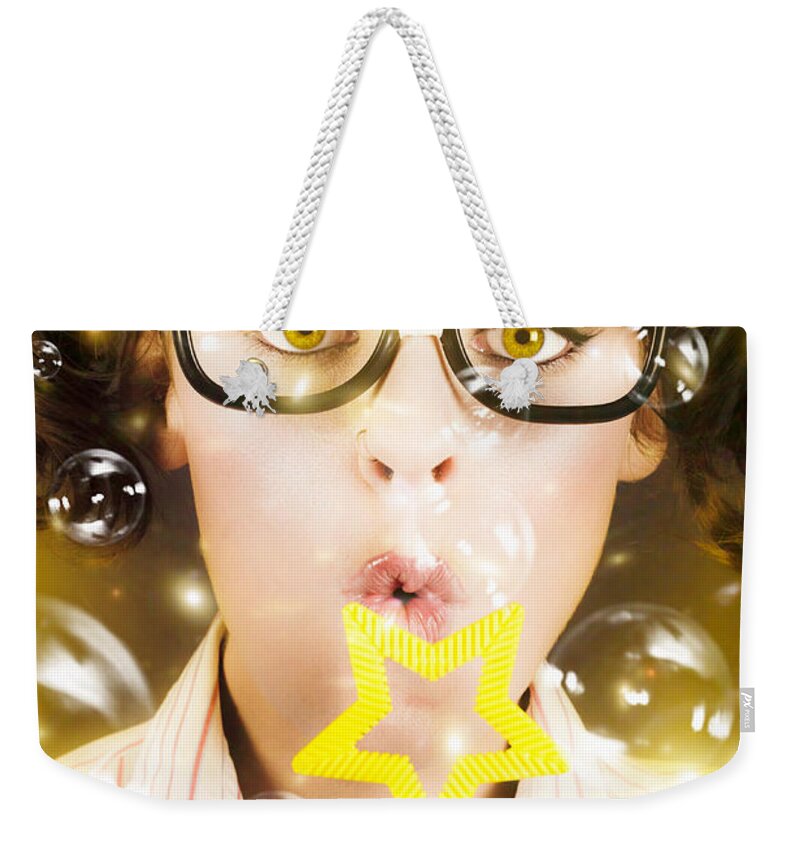 Entertainment Weekender Tote Bag featuring the photograph Pretty Geek Girl At Birthday Party Celebration by Jorgo Photography