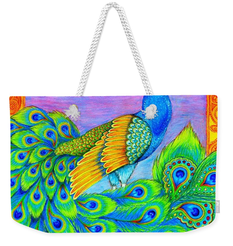 Peacock Weekender Tote Bag featuring the drawing Pretty Peacock by Rebecca Wang