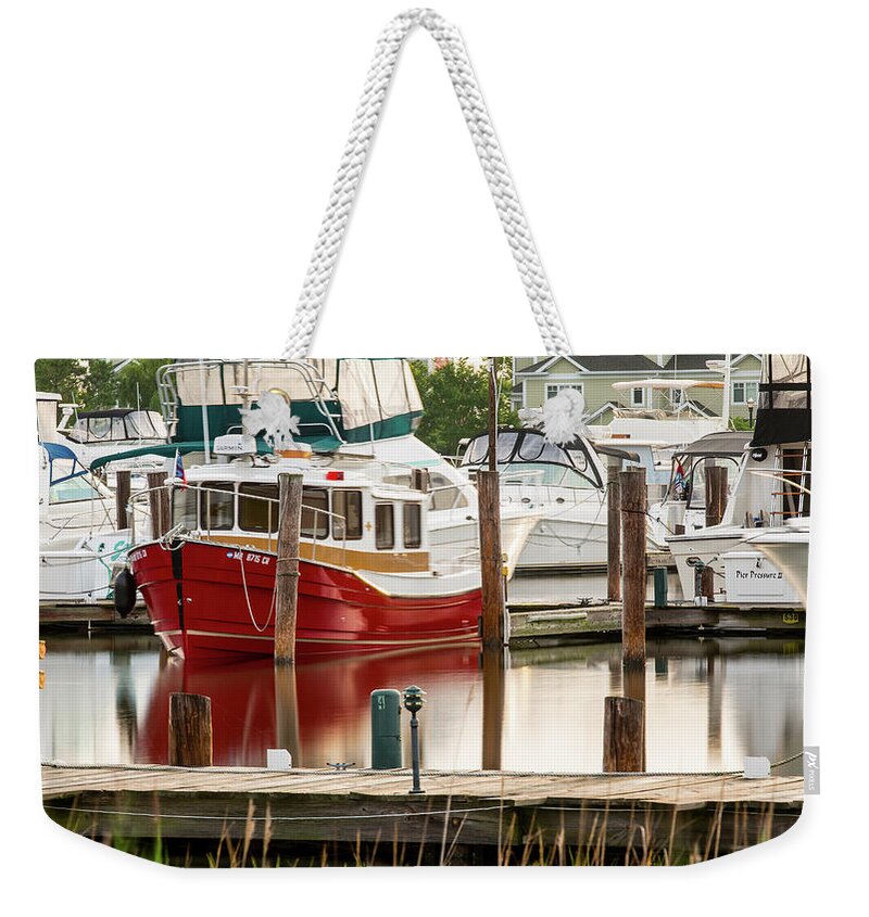 Boat Weekender Tote Bag featuring the photograph Pretty Red Boat by Walt Baker