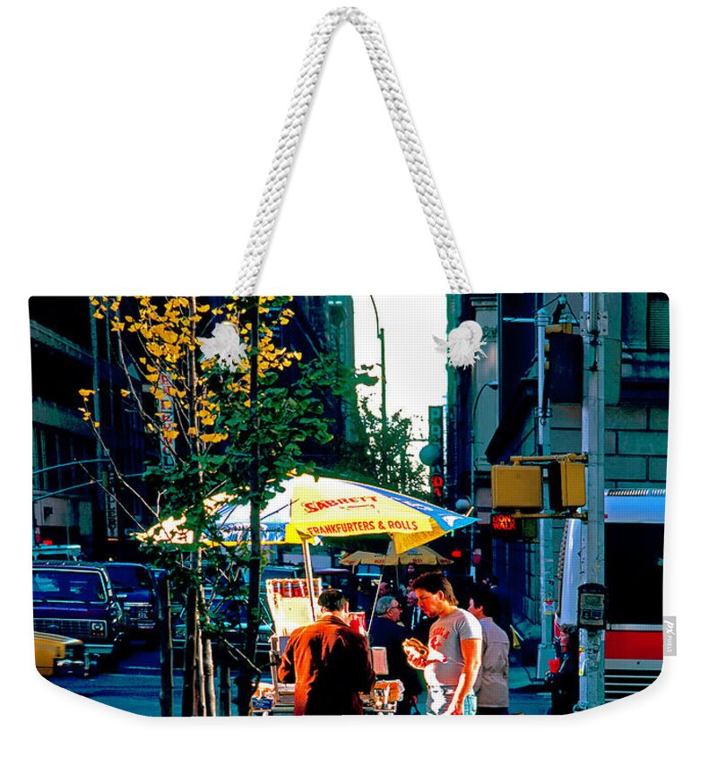 Hot Dog Stand Weekender Tote Bag featuring the photograph Hot Dog Stand NYC late afternoon ik by Tom Jelen