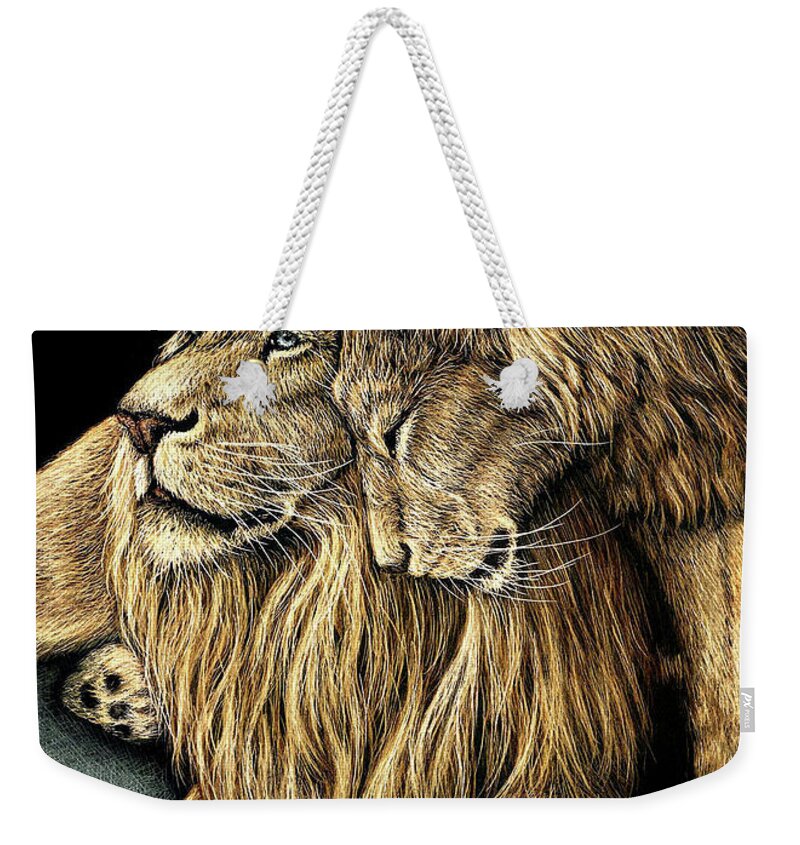 Lion Weekender Tote Bag featuring the drawing Pride Love by Monique Morin Matson