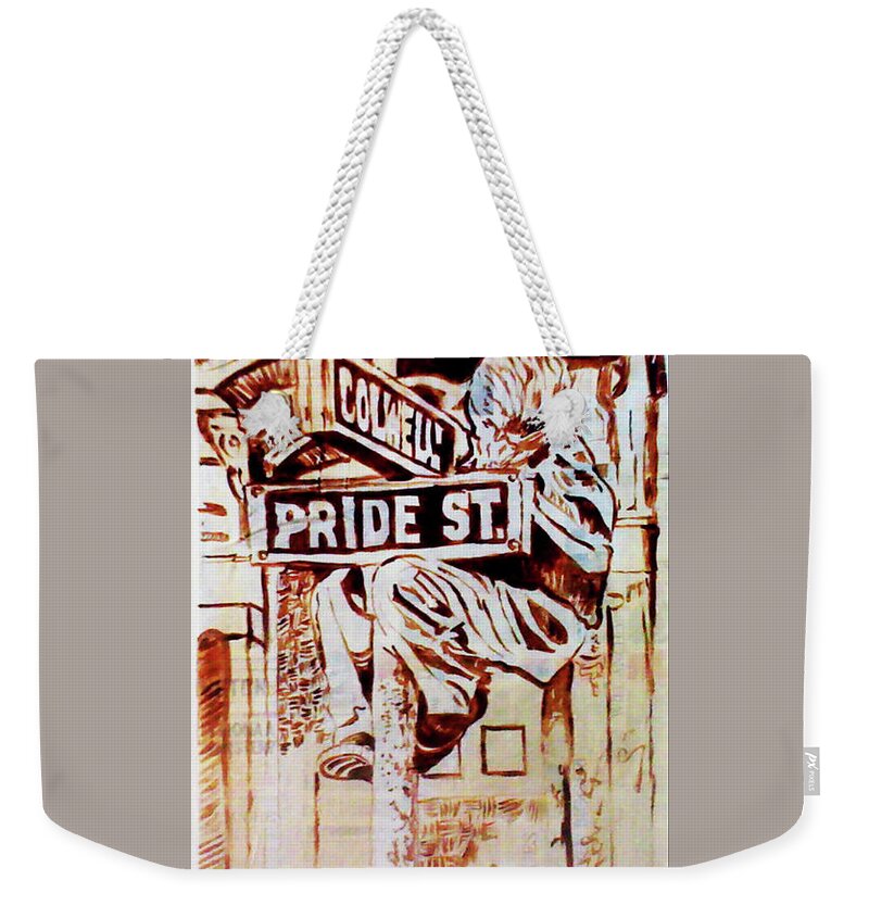 Boy On Street Sign Weekender Tote Bag featuring the painting Pride St by Femme Blaicasso