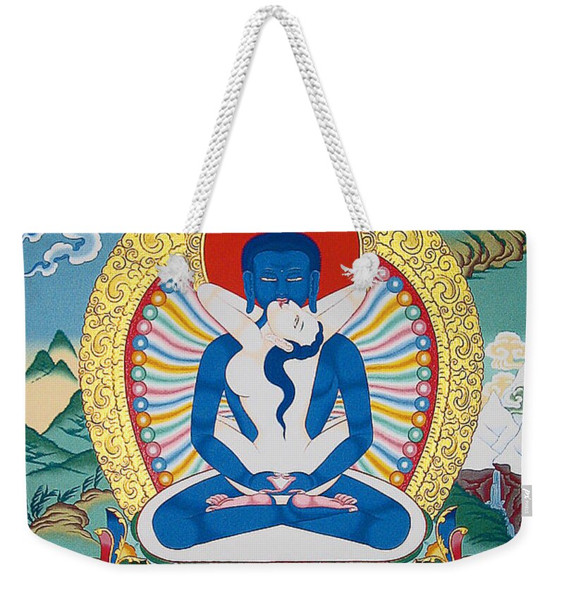 Thangka Weekender Tote Bag featuring the painting Primordial Buddha Kuntuzangpo by Sergey Noskov