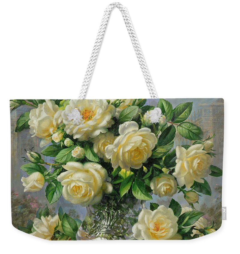 In Honour Of Lady Diana Spencer (1961-97); Still Life; Flower; Rose; Arrangement; Princess Of Wales (1981-96); Homage; Yellow; Flowers; Leafs Weekender Tote Bag featuring the painting Princess Diana Roses in a Cut Glass Vase by Albert Williams