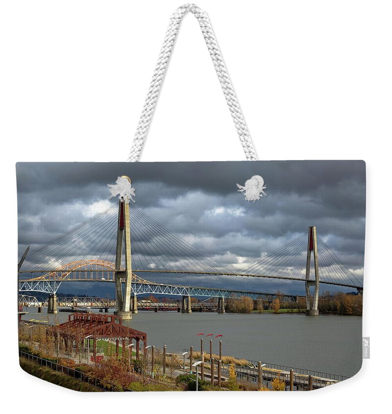 Alex Lyubar Weekender Tote Bag featuring the photograph Promenade Quay at Fraser River by Alex Lyubar