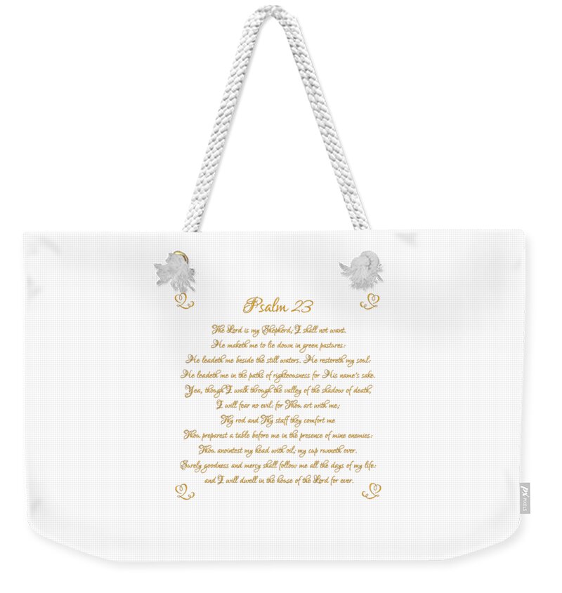 Psalm 23 The Lord Is My Shepherd Gold Script On White Weekender Tote Bag featuring the digital art Psalm 23 The Lord is my Shepherd Gold Script on White by Rose Santuci-Sofranko