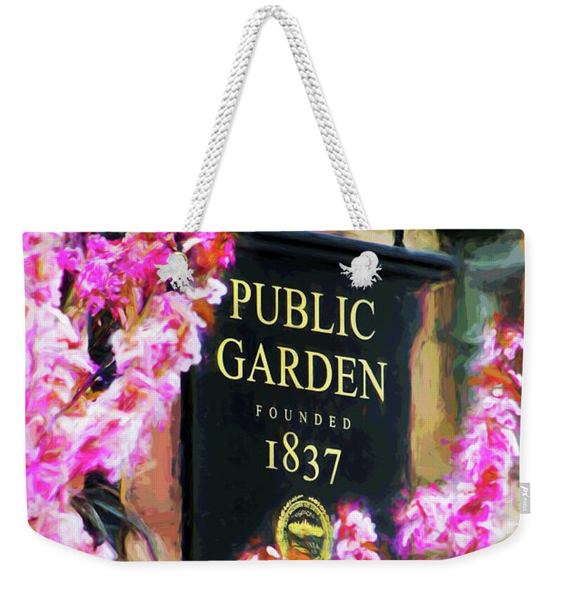 Pink Weekender Tote Bag featuring the photograph Public Gardens Sign Springtime by Barry Wills