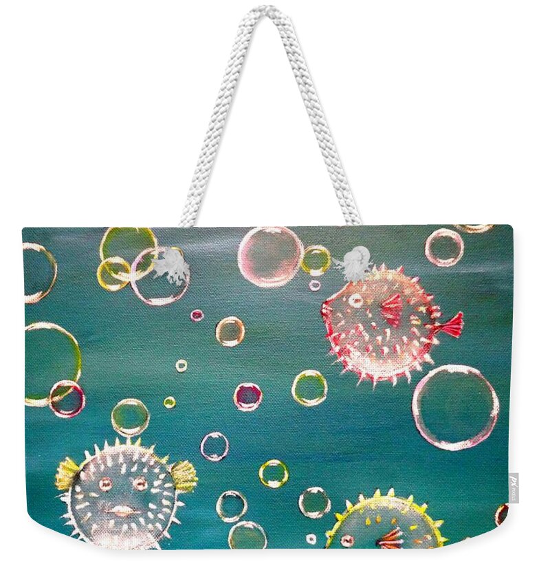 Puffer Fish Weekender Tote Bag featuring the painting Puffer Fish Bubbles by Karen Jane Jones