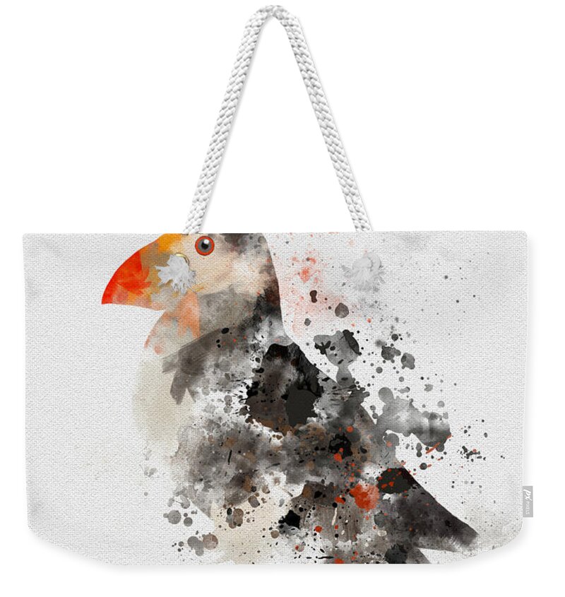 Puffin Weekender Tote Bag featuring the mixed media Puffin by My Inspiration