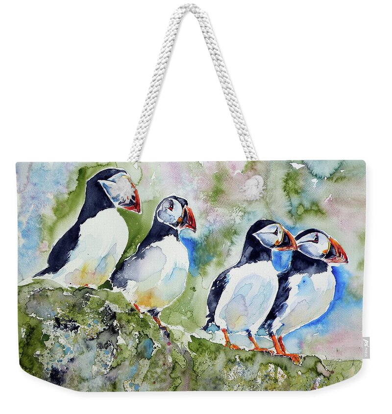 Puffin Weekender Tote Bag featuring the painting Puffins on stone by Kovacs Anna Brigitta