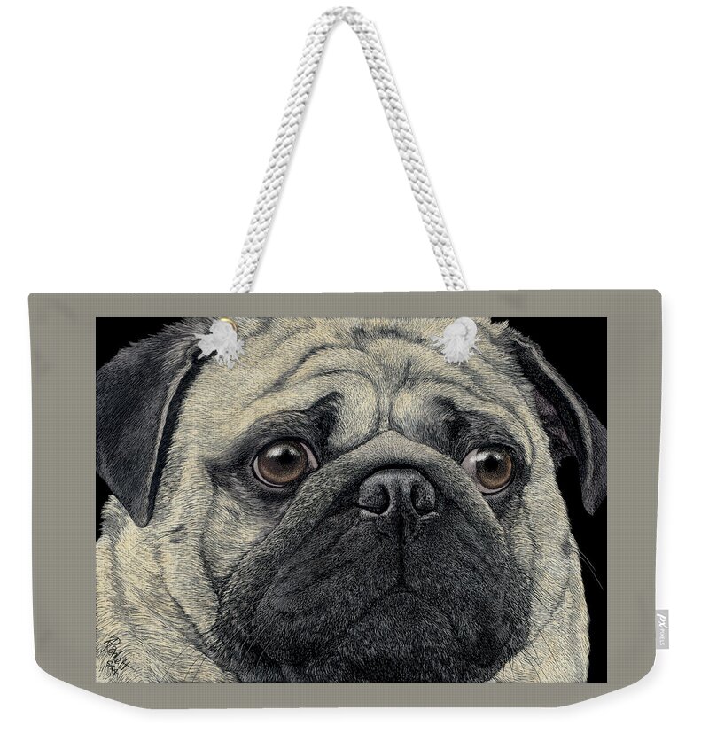 Dog Weekender Tote Bag featuring the drawing Pugshot by Ann Ranlett