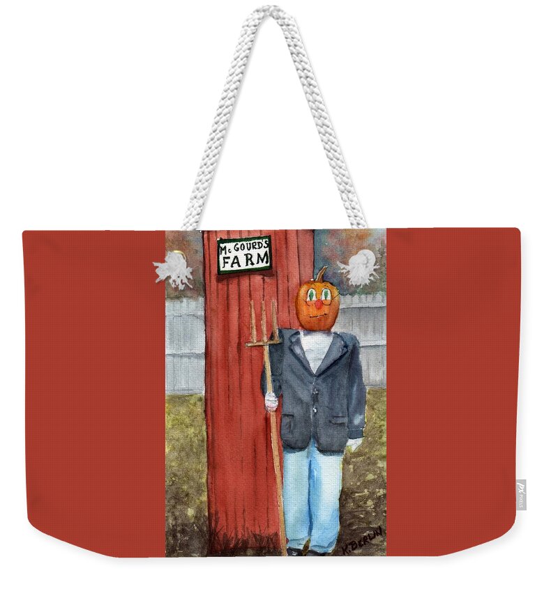 Farm Weekender Tote Bag featuring the painting Pumpkin Farmer by Katherine Berlin