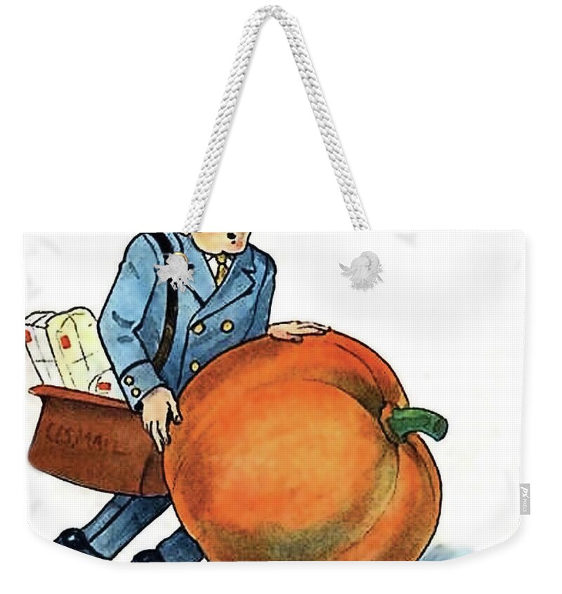 Vintage Postcard Weekender Tote Bag featuring the mixed media Pumpkins Come About This Size by Long Shot