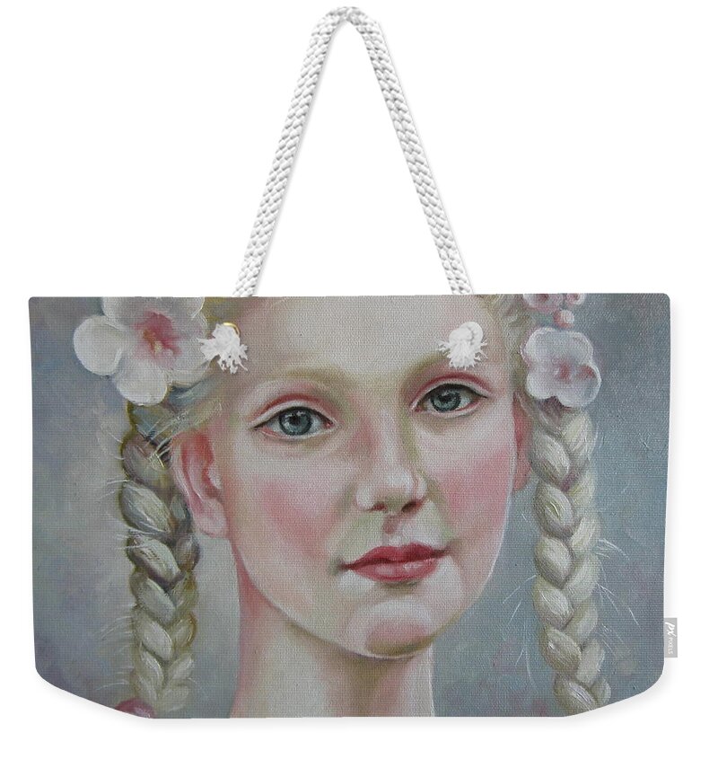 Girl Weekender Tote Bag featuring the painting Pure soul by Elena Oleniuc