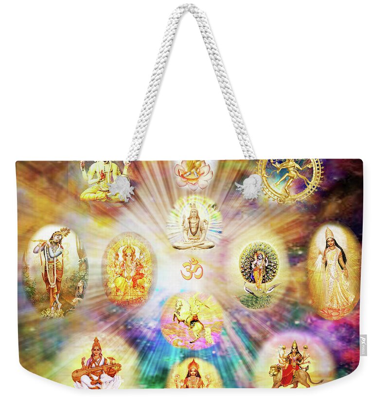 Om Weekender Tote Bag featuring the mixed media Purnamida Purnamidam - One Divine Source for all Gods and Goddesses by Ananda Vdovic