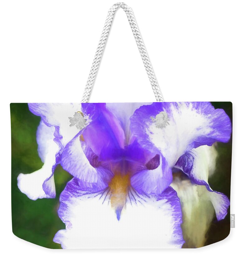 Iris Weekender Tote Bag featuring the photograph Purple and white iris by Jim And Emily Bush