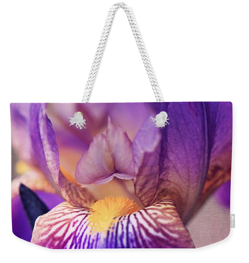 Purple Bearded Iris Weekender Tote Bag featuring the photograph Purple Bearded Iris Wall Art by Gwen Gibson