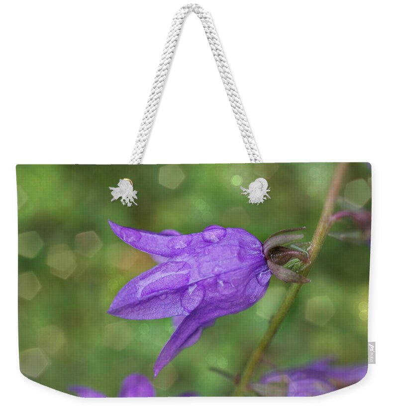 Flower Weekender Tote Bag featuring the photograph Purple Bells after rain by Lilia S