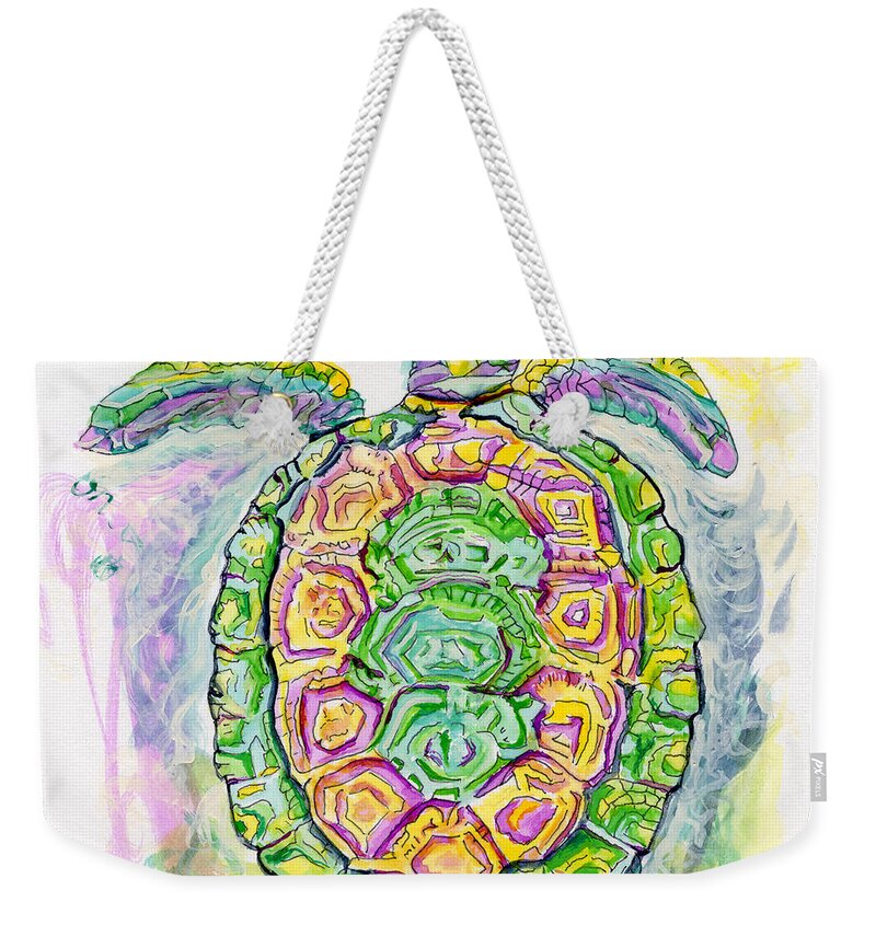 Purple Weekender Tote Bag featuring the painting Purple Blue Yellow Sea Watercolor Series 2 Turtle by Shelly Tschupp