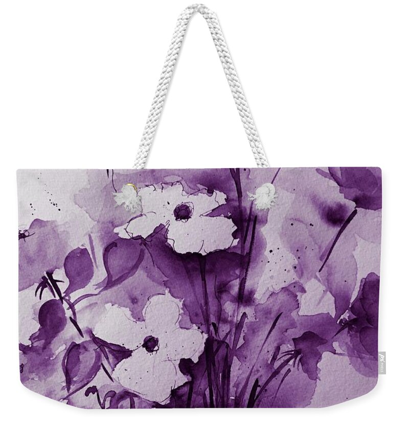 Purple Flower Weekender Tote Bag featuring the mixed media Purple Bouquet by Britta Zehm