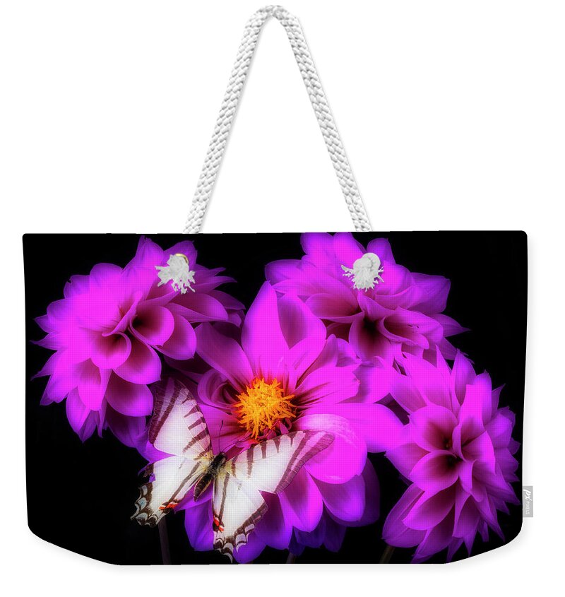 Butterfly Weekender Tote Bag featuring the photograph Purple Dahlias And Butterfly by Garry Gay