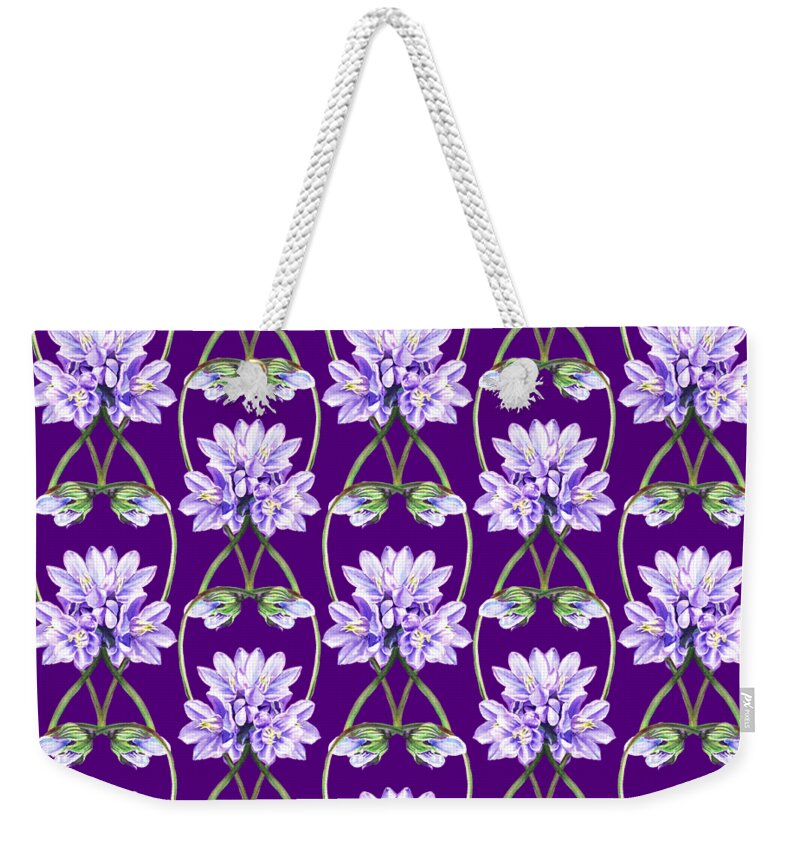 Purple Weekender Tote Bag featuring the painting Purple Flowers Hearts Pattern by Irina Sztukowski