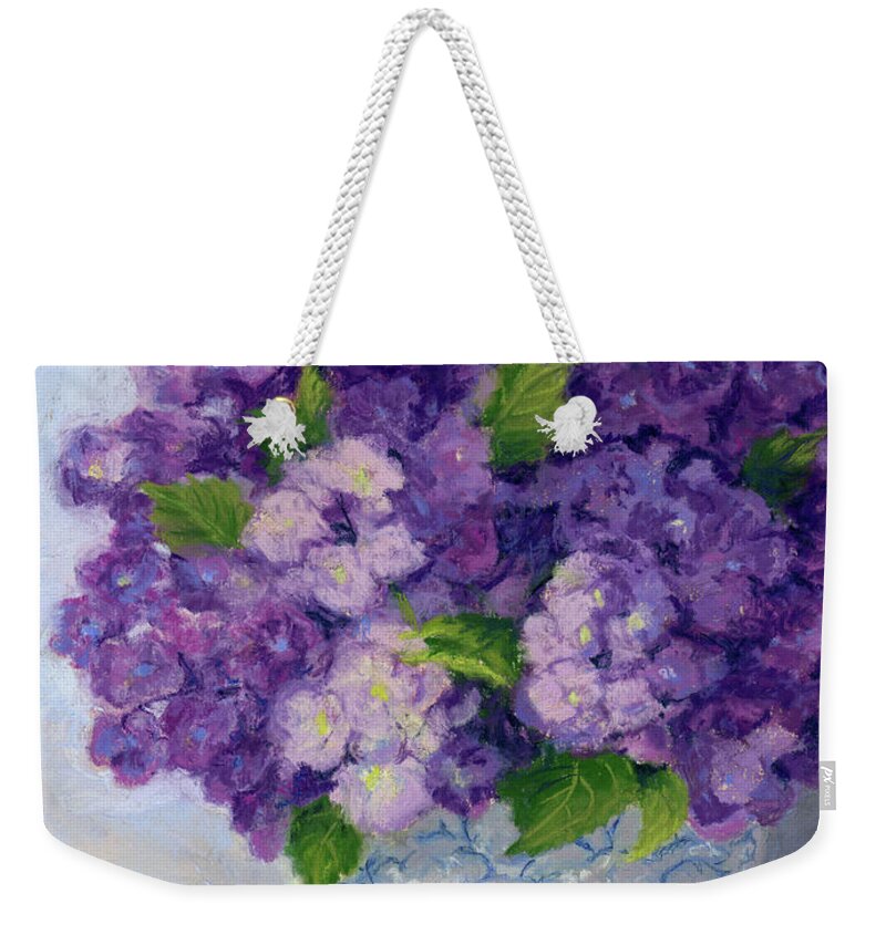 Pastel Weekender Tote Bag featuring the pastel Purple Hydrangeas by Vikki Bouffard