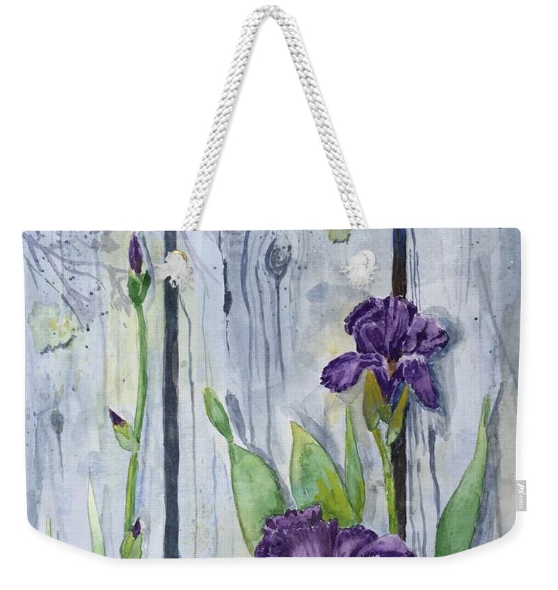 Flower Weekender Tote Bag featuring the painting Purple Iris by Christine Lathrop