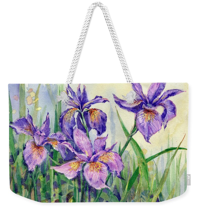 Clematis Weekender Tote Bag featuring the painting Purple Iris by Garden Gate