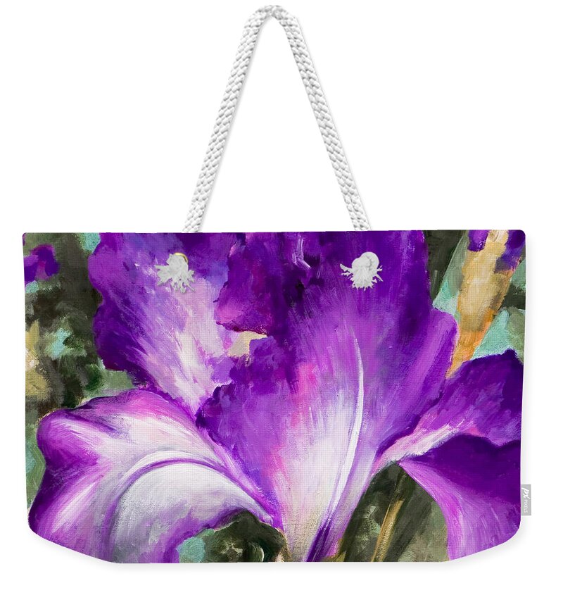 Purple Weekender Tote Bag featuring the painting Purple Iris by Vali Irina Ciobanu