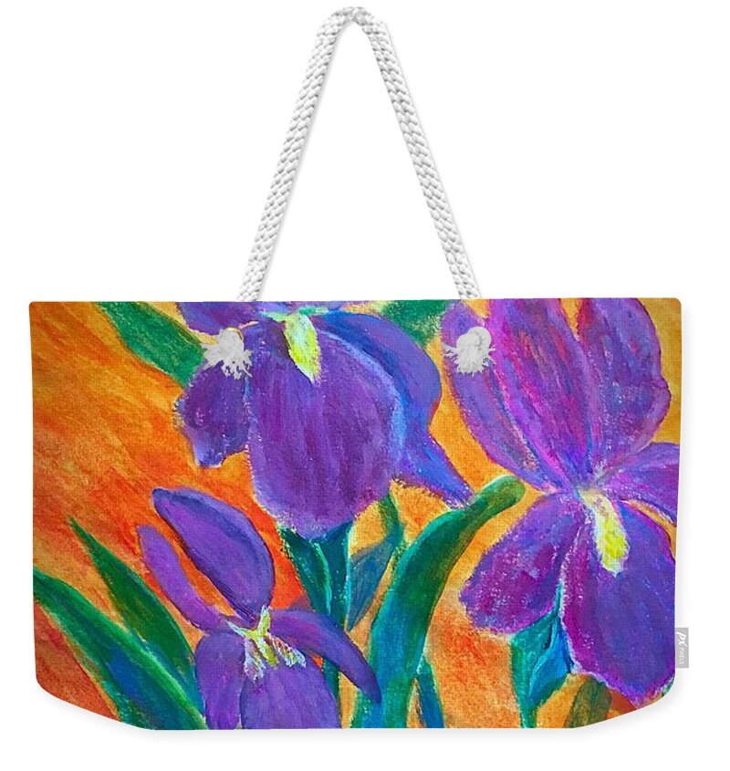 Purple Bearded Iris Weekender Tote Bag featuring the painting Purple Irises by Anne Sands
