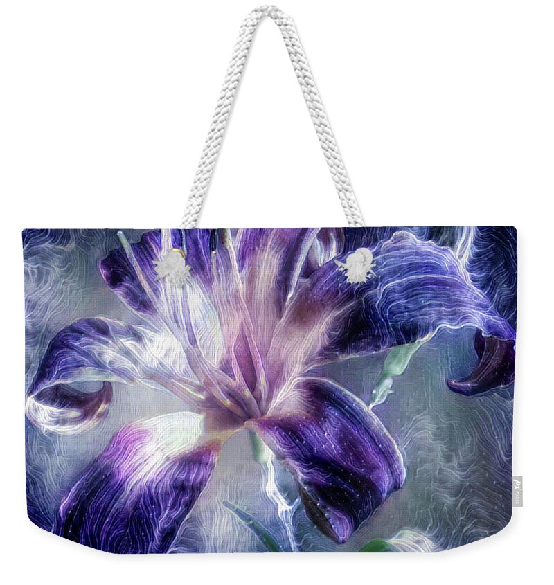 Purple Weekender Tote Bag featuring the mixed media Purple Lily flower by Lilia D